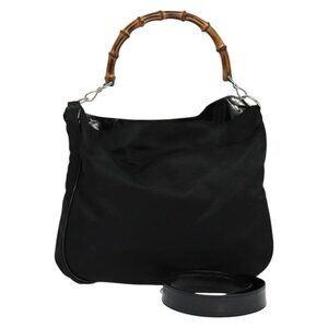 GUCCI Bamboo Hand Bag Nylon 2way Black Silver
